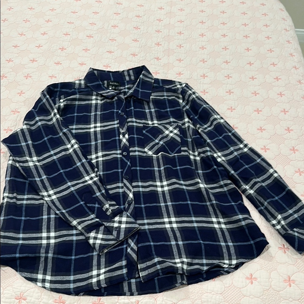 Plaid Navy Blue and White Women's Top